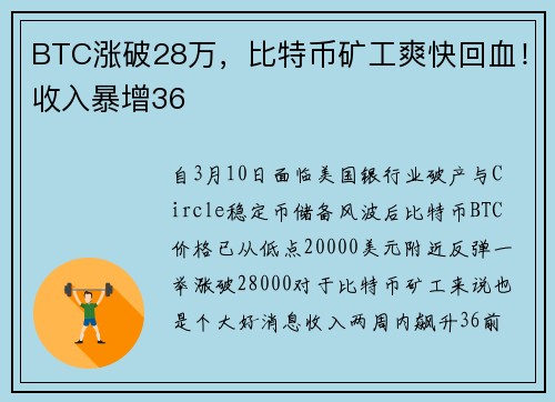 BTC涨破28万，比特币矿工爽快回血！收入暴增36